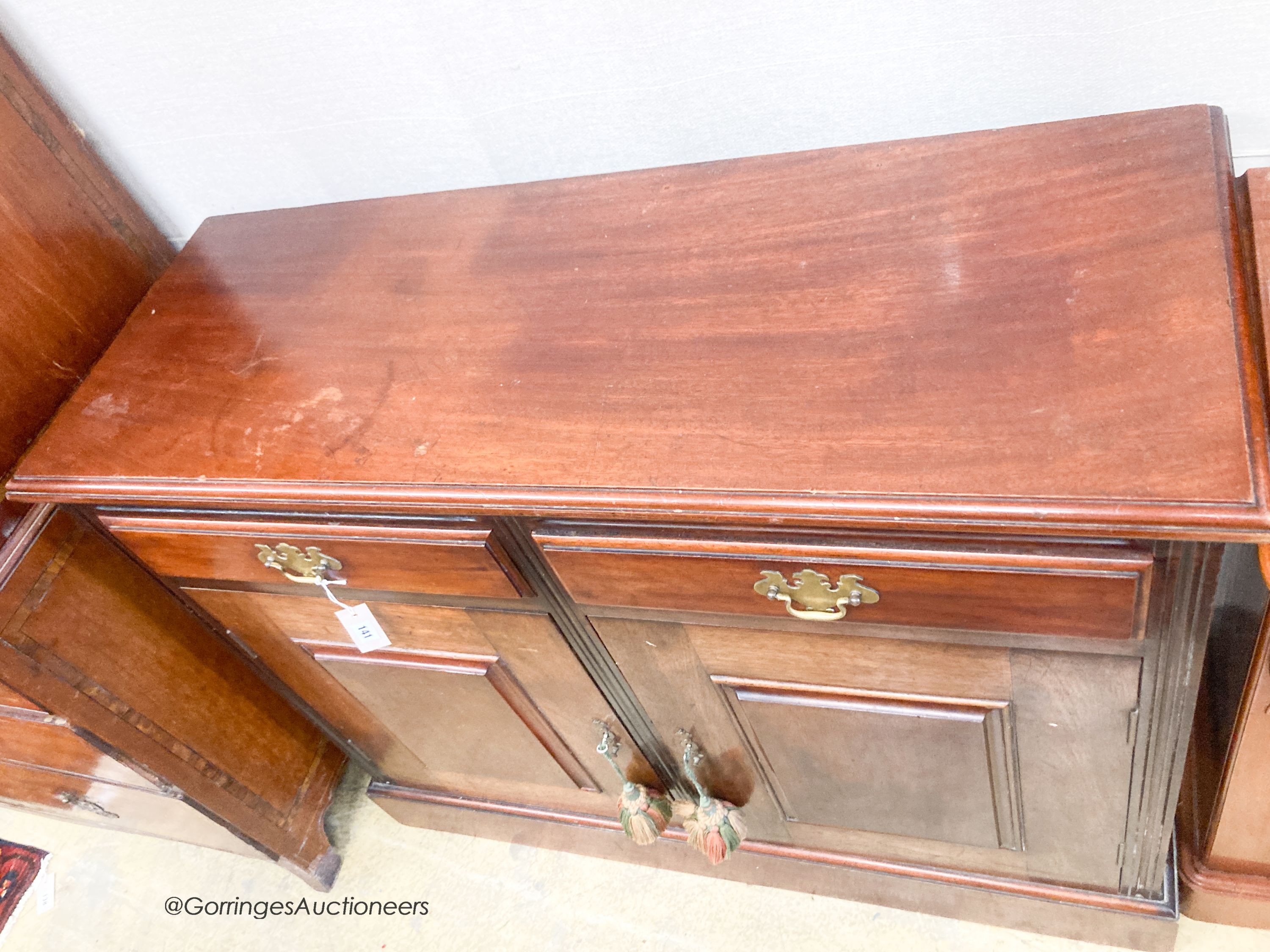 A late Victorian mahogany side cabinet, width 117cm, depth 44cm, height 96cm